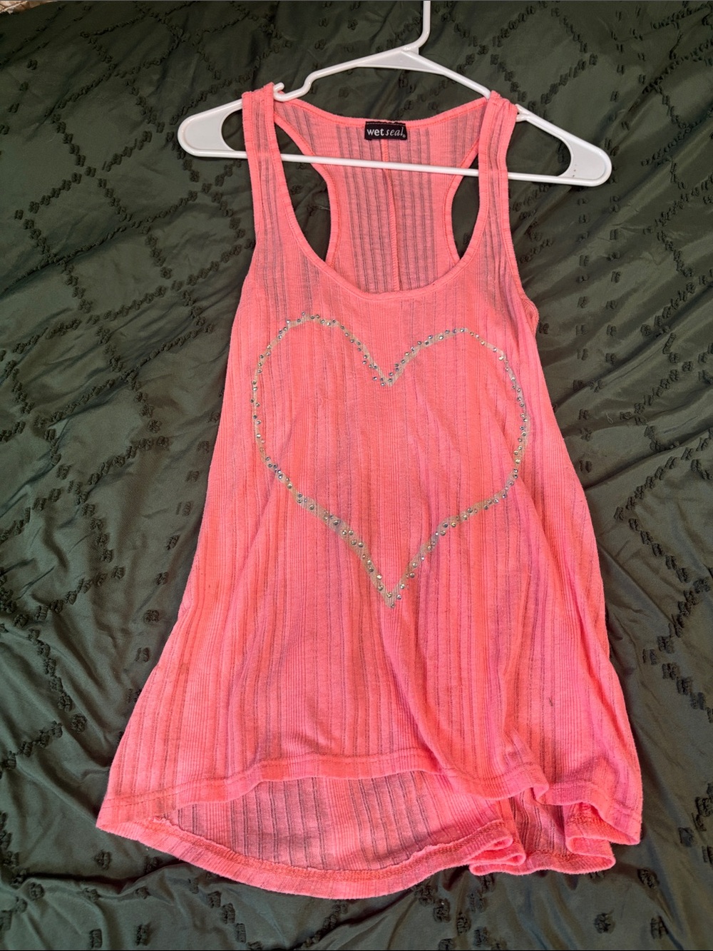 Wet Seal Coral Pink Rhinestone Heart Racerback Tank Top